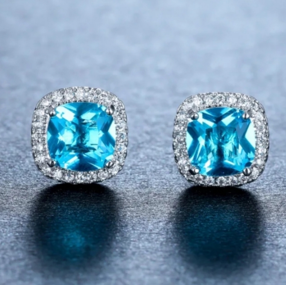 Halo Cushion Cut CZ Elegant Blue and Silver Stud Earrings